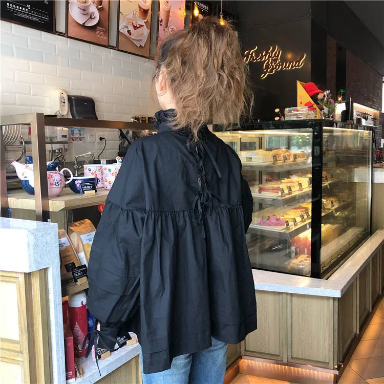 

Plus size stand neck doll shirt for women autumn Korean style lantern sleeve blouse cross lace up white black female top blouses