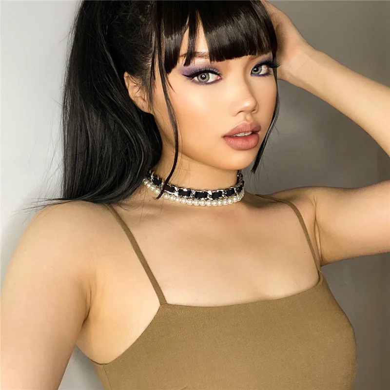 

2PC/set Punk Multi Layered Curb Cuban Imitation Pearl Chain Choker Necklace for Women Think Twisted Velvet Necklaces Jewelry