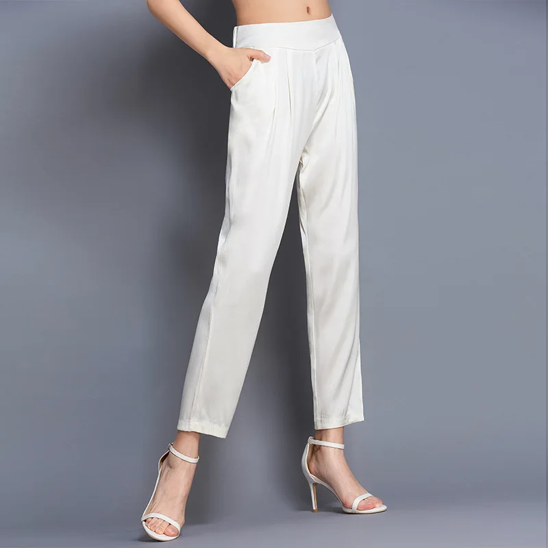 100% Silk Pants Women Simple Design Solid Elastic Waist Pockets Harem Trousers New Fashion Europe and American Style