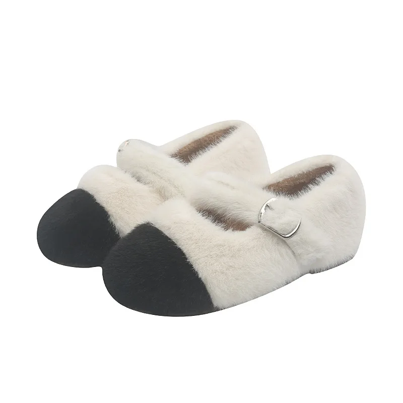 

2022 Winter Kids Flats Fur Mary Janes Shoes Patchwork Warm Cotton-Padded Shoes