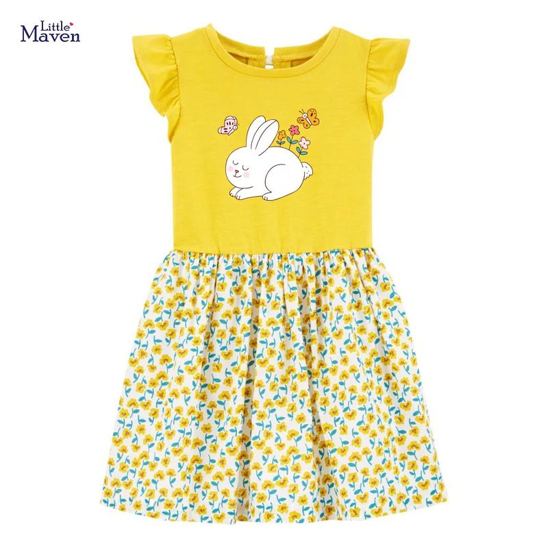 

Frocks for Girls 2021 Summer Baby Girl Clothes Toddler Cotton Animal Print Vestiods Casual Yellow Bunny Dress for Kids 2-7 Years