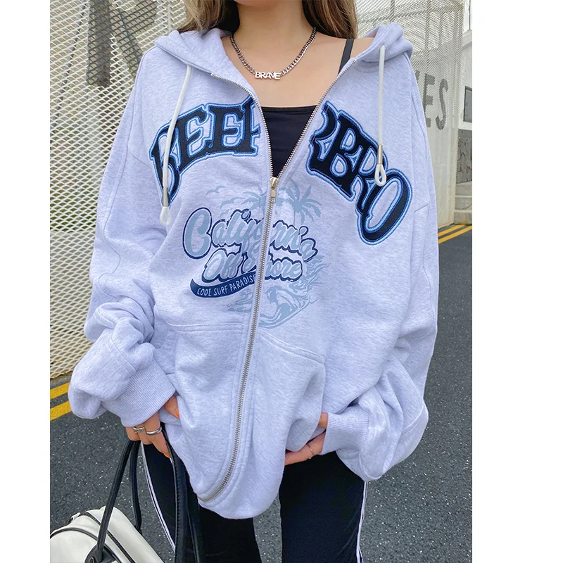 

Y2K street letter printed hooded zipper sweater warm jacket female loose large profile Oversized hoodie park retro Harajuku