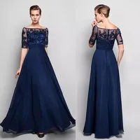 Vintage Lace Mother of the Bride Groom Dresses with Half Sleeves Off Shoulder Chiffon Beaded Floor Length Formal Evening Gowns