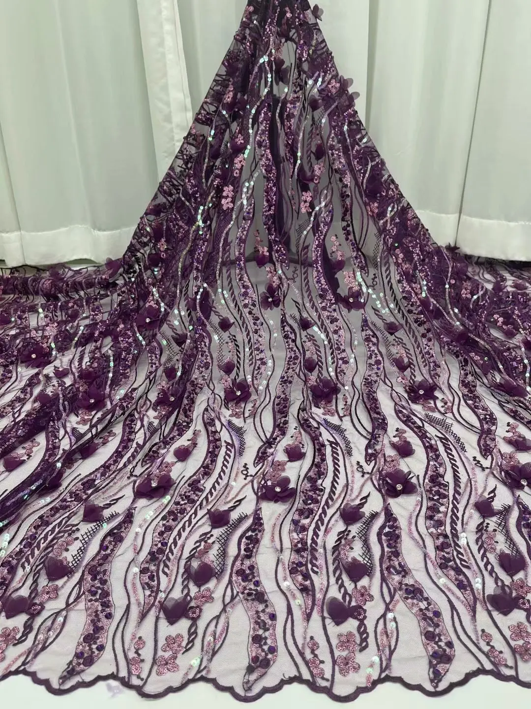 

Navy Blue African French Net 3D Flowers High Quality Organza Embroidery Stone Nigerian Tulle Mesh Sequins Lace Fabric Wedding
