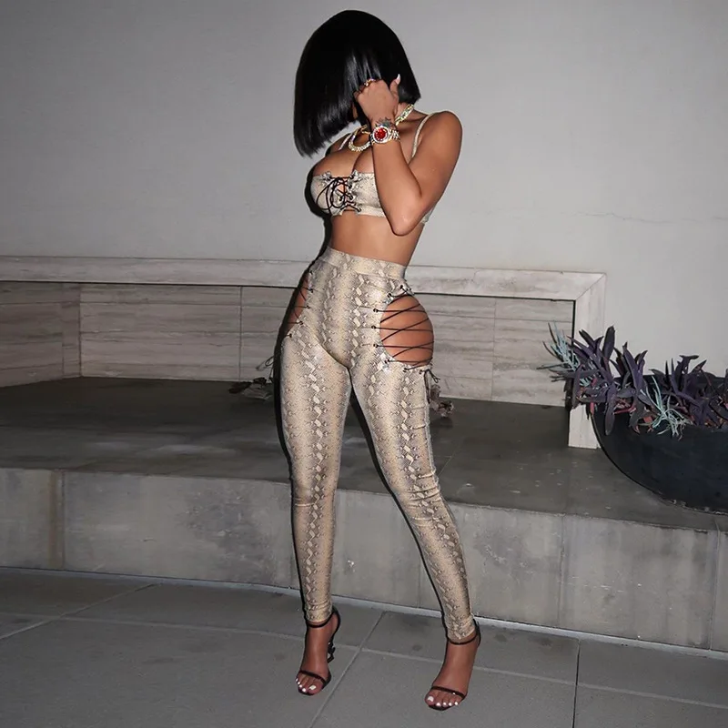 

Yuqung Women Printed Lace Up Hollow Out Crop Top and Leggings Two Piece Matching Sets 2pcs Outfits Party Club Female Clothing