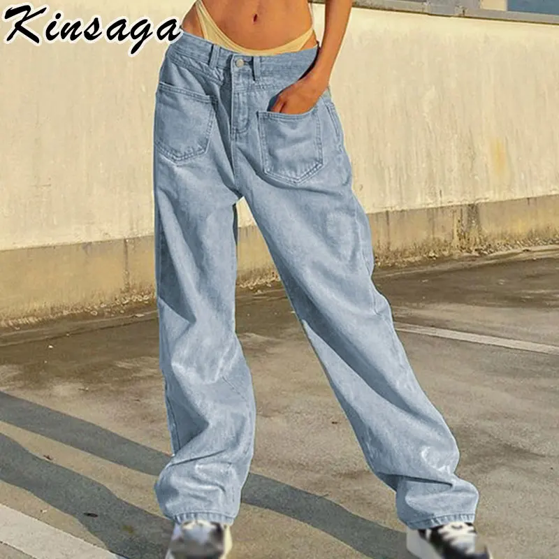 

Джинсы-карго Женские винтажные прямые с низкой талией, уличная одежда в стиле Харадзюку, джинсовые брюки с большими карманами спереди, повс...