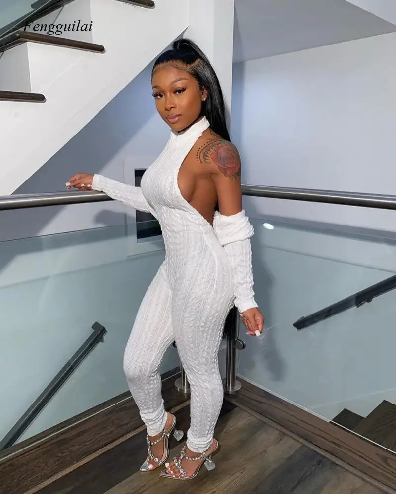 

Women Knitted Sweatsuit Two Piece Set Open Stitch Sweater Open Back Jumpsuit Active Tracksuit Nightclub Party Outfit Set