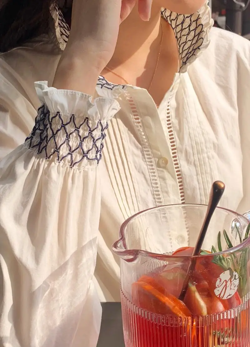 Женская винтажная элегантная белая блузка с длинным рукавом во французском