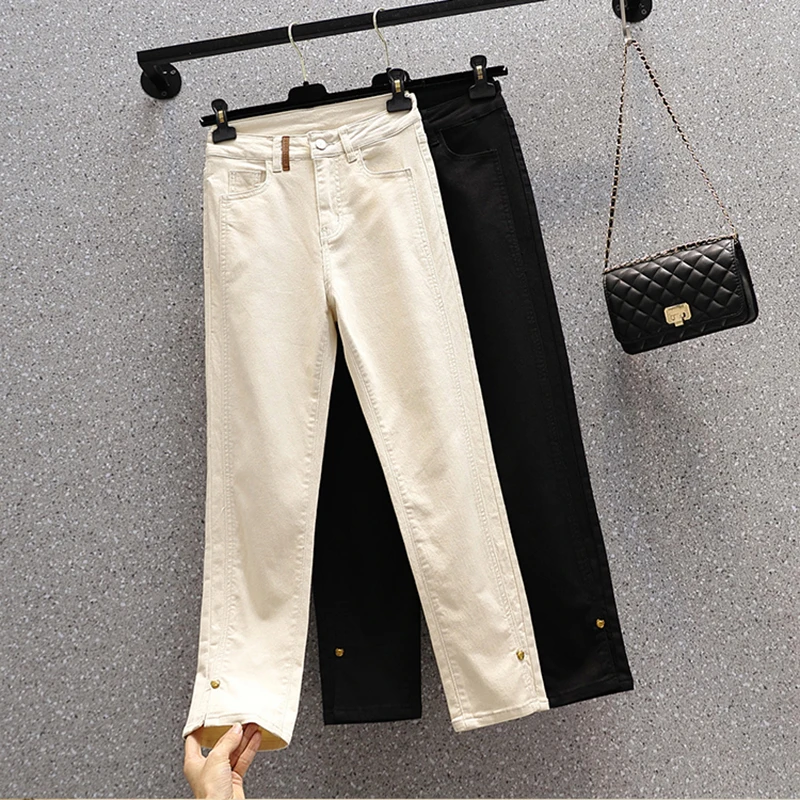 Женские джинсы в стиле пэчворк Стрейчевые прямые брюки из денима с разрезом