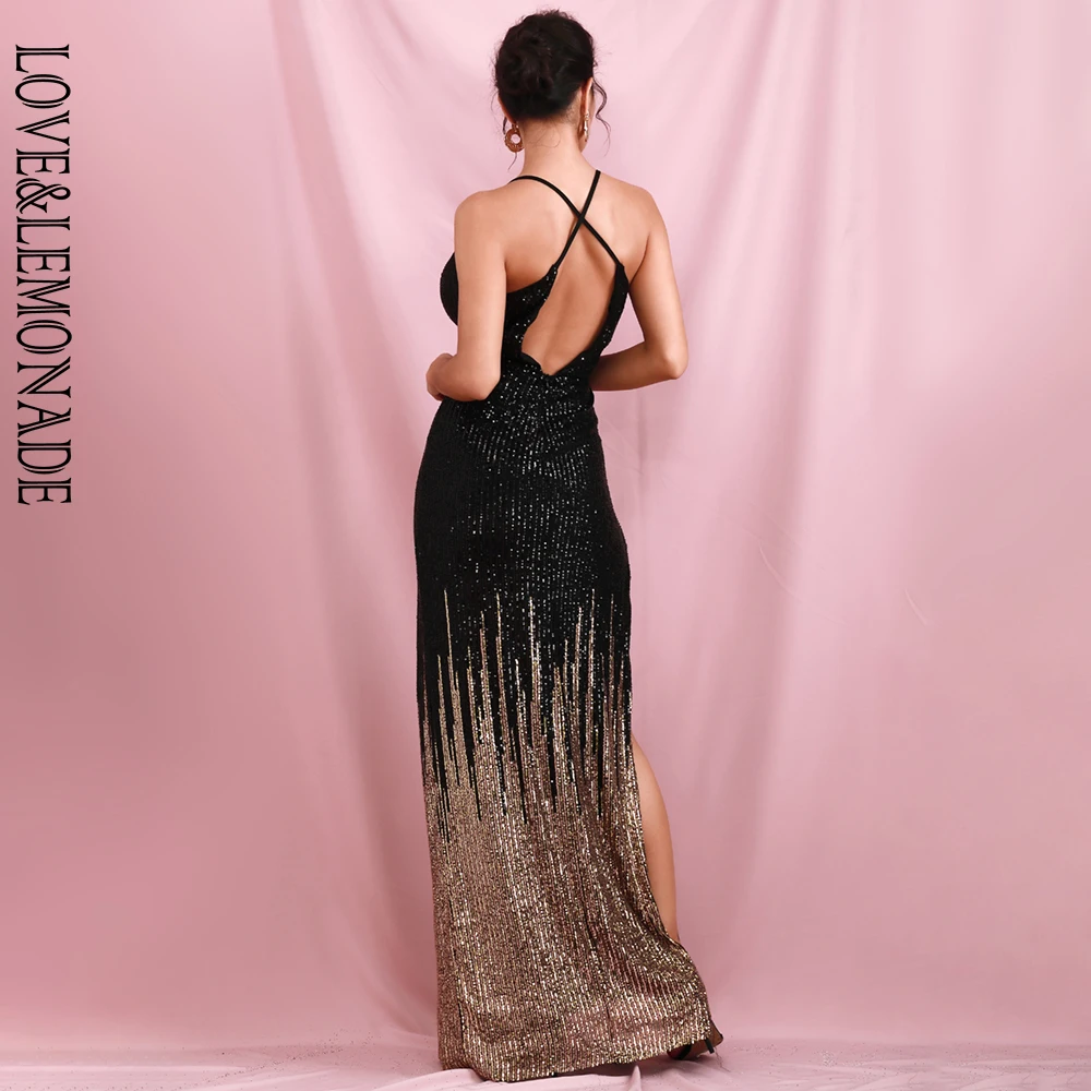 

LOVE&LEMONADE Sexy Deep V-Neck Open Back Black Gradient Sequins Side Split Party Maxi Drress LM82237