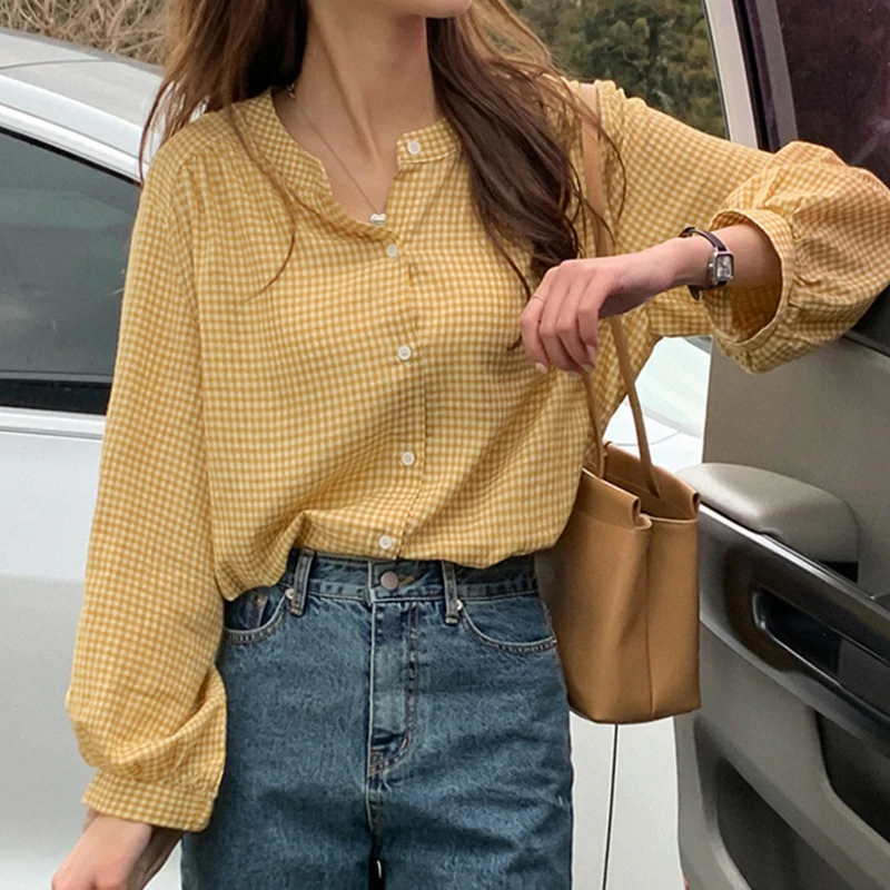 

Винтажная клетчатая женская блузка с длинным рукавом и круглым вырезом, свободные однобортные женские топы, повседневные женские блузы в К...