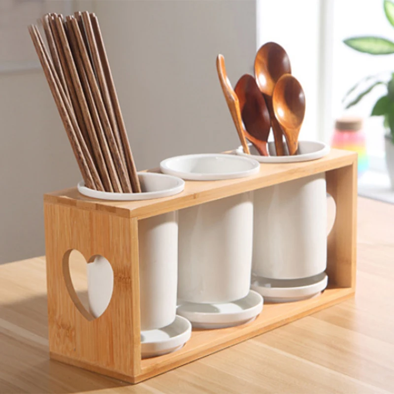 

Household Ceramic Chopsticks Storage Rack 3-Compartments Drain Holder Shovel Spoon Knife Fork Storage Box Kitchen Rack