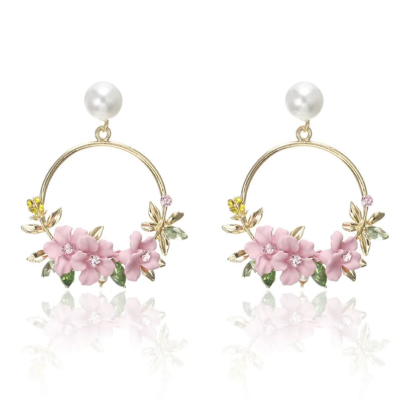 

Korean Fashion Party Statement Earrings Sweet Flower Crystal Pearl Stud Earrings for Women Jewelry