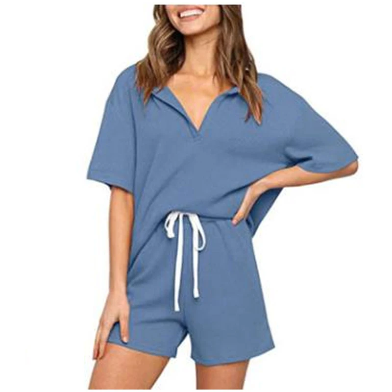 

Kayotuas Women Tracksuit 2Pcs Turn-down Collar Lapel Short Sleeve Pullover Tops+Loose Pants Clothes Sportswear Casual Sets