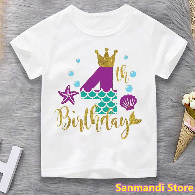 Camiseta de 3th/4th/5th/6th/7th/8th/9th regalo de cumplea&ntilde;os para ni&ntilde;as, ropa para ni&ntilde;os, Camiseta con estampado gr&aacute;fico de corona de sirena, ropa para ni&ntilde;os-3