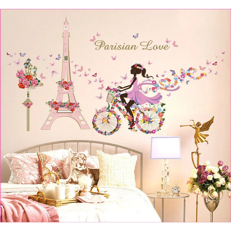 

Wall Stickers Flower Fairy Bicycle Paris Tower Butterfly Girl Wall Decal Home Decoration Bedroom Living Room Art Poster Sticker