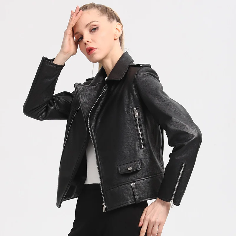 

SHZQ 2021 Spring and Autumn New Goat Skin Locomotive Leather Clothes Women's Leather Short Coat Slim Fit Suit Collar Leather Jac