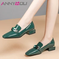 annymoli loafers shoes women genuine leather pumps square toe med heels metal decoration block heel ladies footwear 2021 size 42