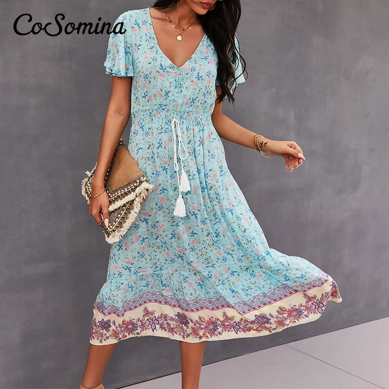 

CoSomian в богемном стиле Цветочный принт женское летнее платье с v-образным вырезом на резинке с высокой талией винтажный купальник с завышенн...