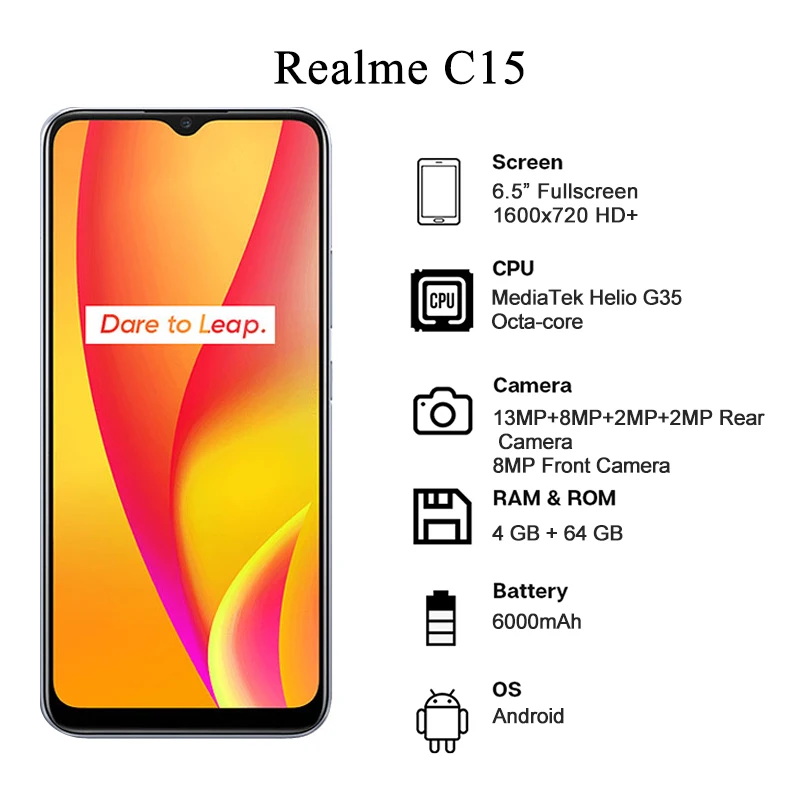 Смартфон Realme C15 4 + 64 ГБ 6 5 дюйма 13 МП 6000 мА ч Android | Мобильные телефоны и аксессуары