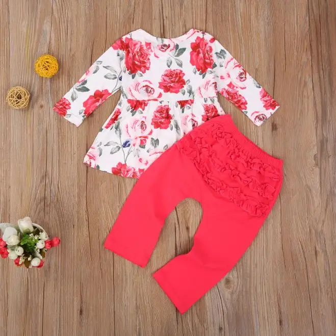 

Fashion Kids Baby Girl Suit O-neck Long Sleeve Flower Print Elastic Waist Lace Top Solid Color Long Pants Children Clothing