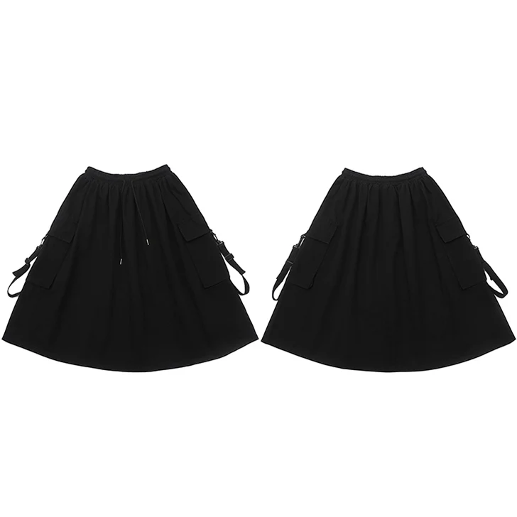 A68967 Black Harajuku Женская юбка Уличная хип карго юбка большие Боковые карманы модная Корейская юбка Свободная линия икры Длина хлопок - Цвет: A68967 Black
