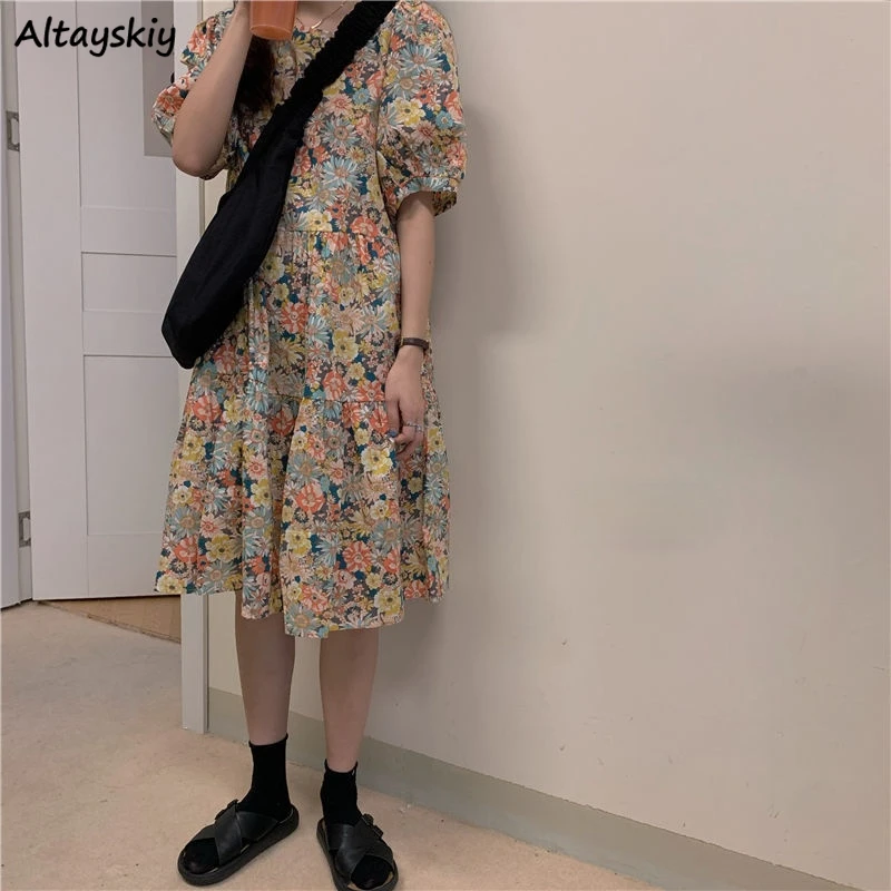 

Women Floral Dresses Summer Puff Sleeve Knee-length Tender Vintage Trendy A-line Draped Sweet Square Collar Temperament Retro