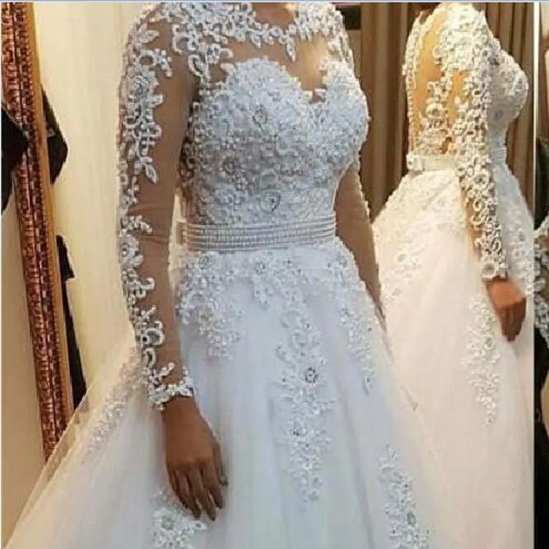 WD402 длинное платье Элегантное Vestido De Noiva свадебное платье с длинными рукавами новые винтажные кружевные аппликации свадебное платье с жемчугом