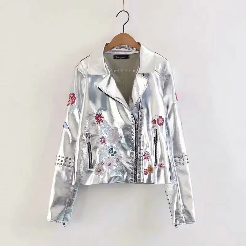 women autumn pu leather jacket 2019 fashion girls ladies embroidery rivet zipper elegant female winter cool biker jackets | Женская