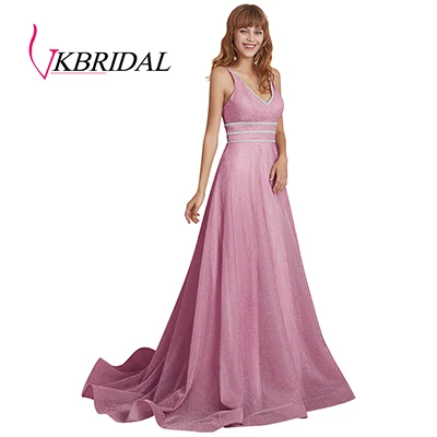 Pink VKbridal сексуальное вечернее платье с v-образным вечернее платье ТРАПЕЦИЕВИДНОЕ Сверкающее платье для выпускного вечера Длинные вечерние платья со стразами реальное изображение - Цвет: Pink