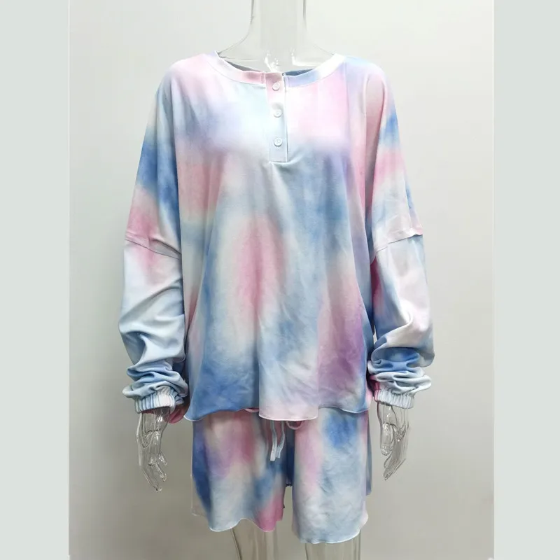 

Fashion Plus Size Color Dye Printed Women Two Pieces Casual Button Lantern Long Sleeve Tops+Elastic Force Lace-up Ruffle Shorts