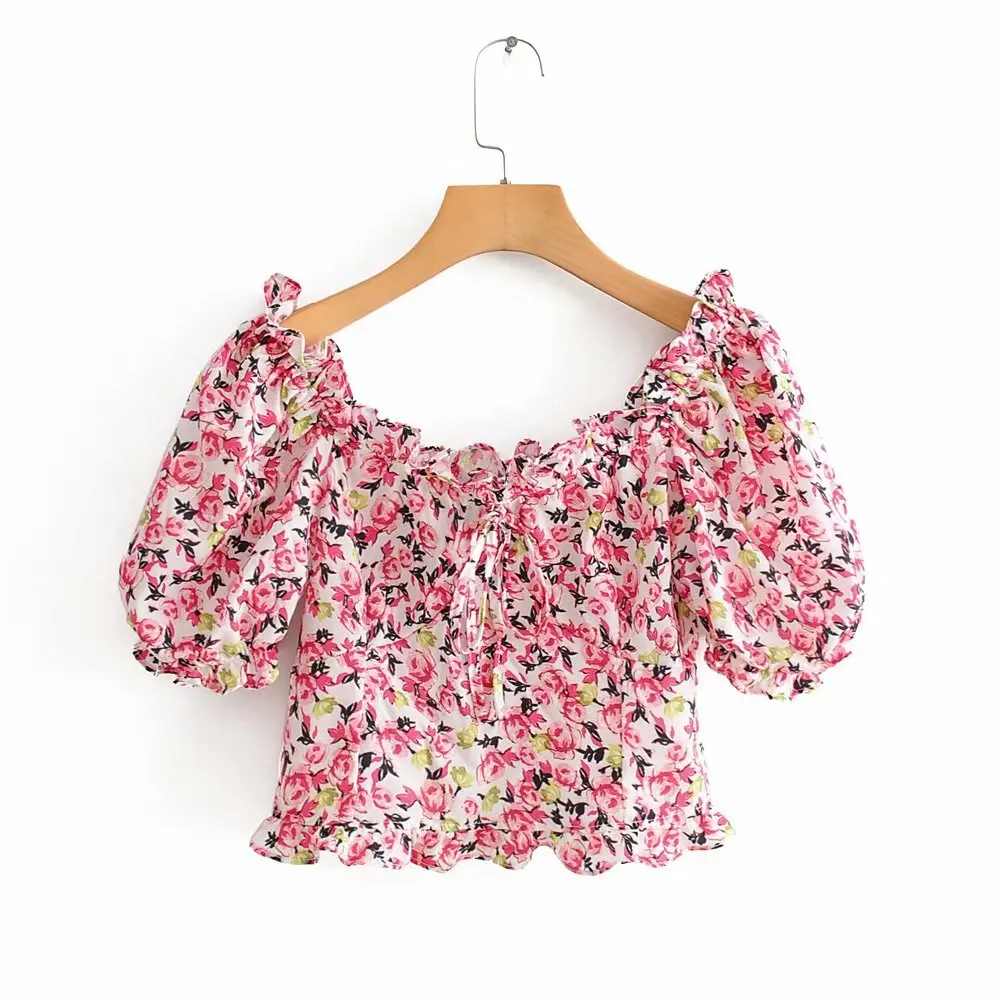 2019 женский милый цветочный принт эластичные оборки Повседневная Женская блузка