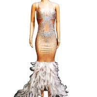 sparkling diamonds sleeveless women long tail feather dress sliver crystals drag queen party show performance stage wear