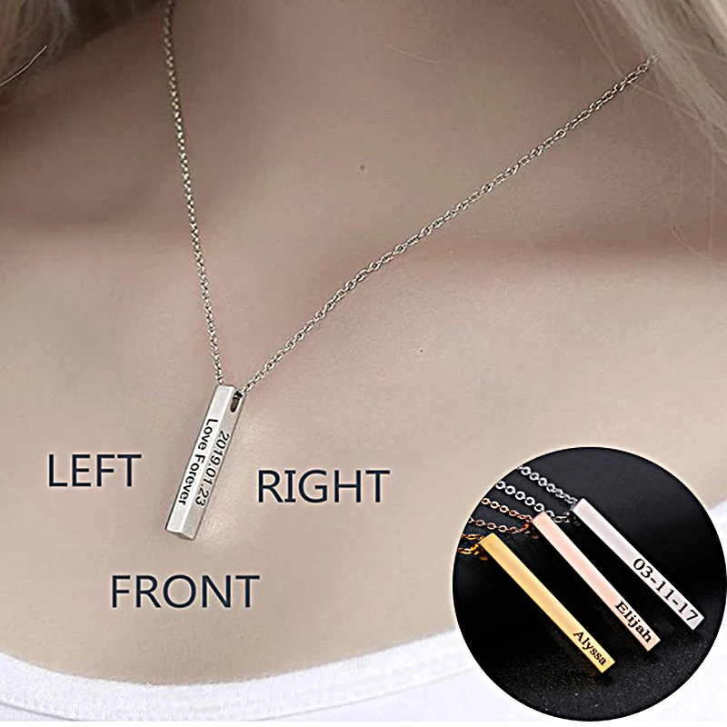 

Ожерелье с именем, изящное 4-стороннее ожерелье с вертикальным стержнем, мужское ожерелье с именем, ожерелье из нержавеющей стали с гравиров...