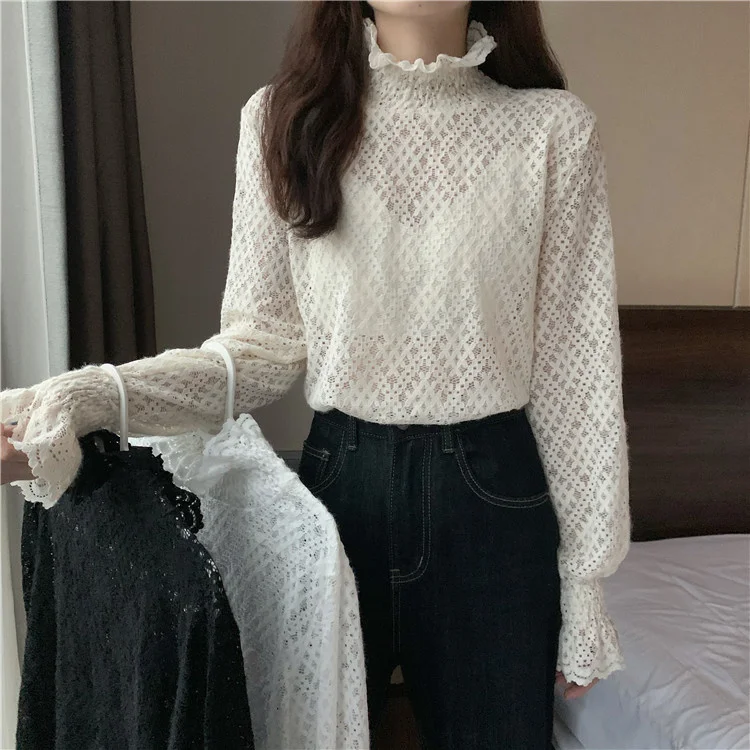 

Блузка женская кружевная в иностранном стиле, с длинным рукавом