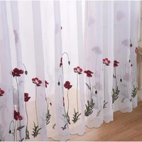 2022 new white sheer embroidered red flower curtains tulle for living room simple pastoral window screen voile curtain