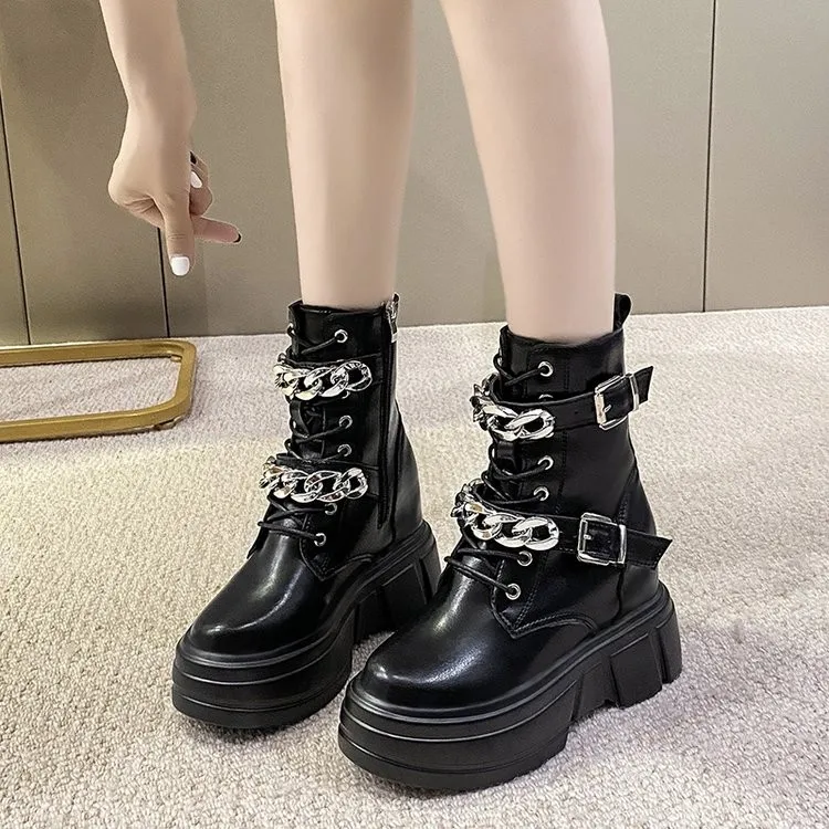 

Lady Boots Shoes Zipper Boots-Women Round Toe Luxury Designer 2021 Fashion High Heel Ankle Autumn Lolita Rock Cross-tied PU Mix