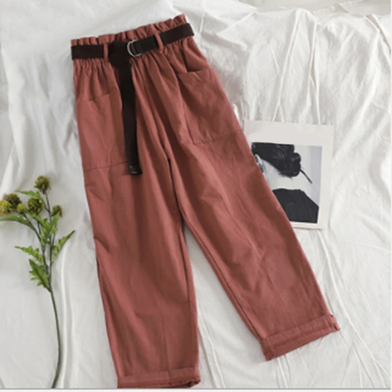 

Women Cargo Pants Fashion High Waist Pockets Belt Pleated Solid Color Pants Autumn Female Ankle Length Pants