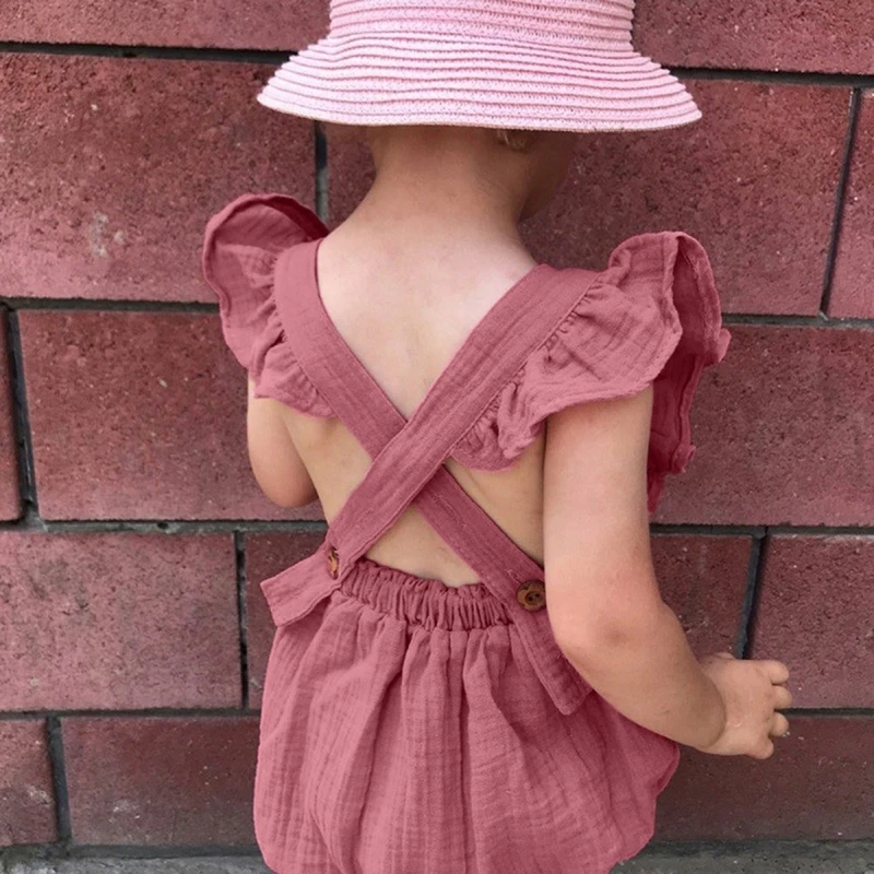 

New Diablement Clothes Newborn Baby Girls Bodysuit Fly Sleeve Button Jumpsuit Headbands Outfits Fashion Linen Backless Bodysuits