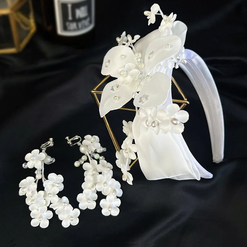 

New bride's Satin Flower hairband earrings sets bride accessories headbands for women designer