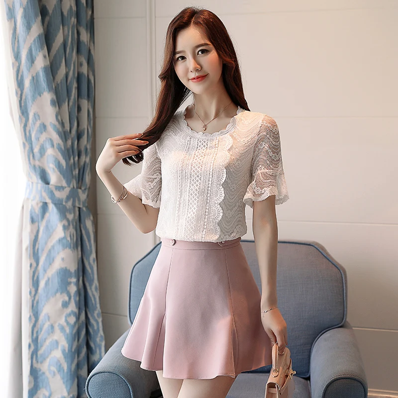 Женская кружевная рубашка однотонная Повседневная офисная с коротким рукавом