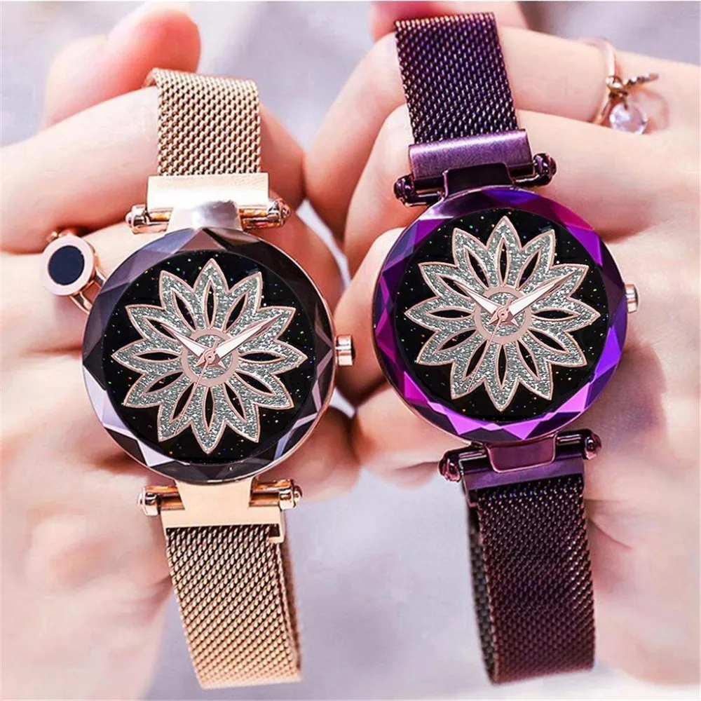 

2019 Dropshipping Women Magnet Buckle Starry Sky Lucky Flower Watch Luxury Ladies Stainless Steel Quartz Watch Relogio Feminino