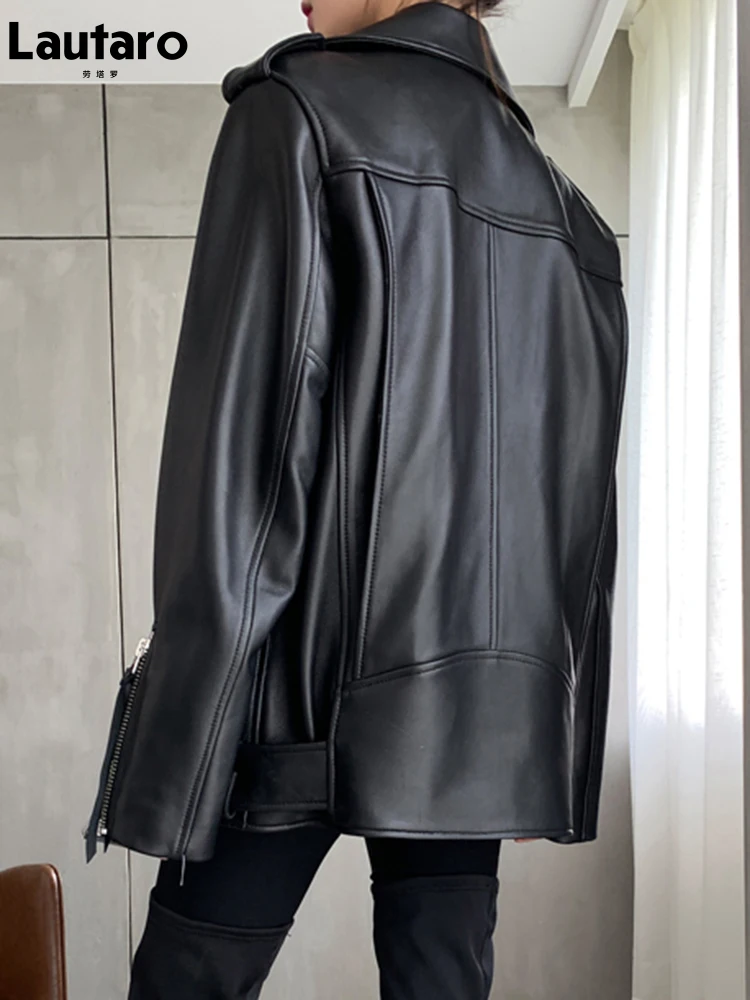 Lautaro осенняя женская кожаная мотоциклетная байкерская куртка на молнии с длинным