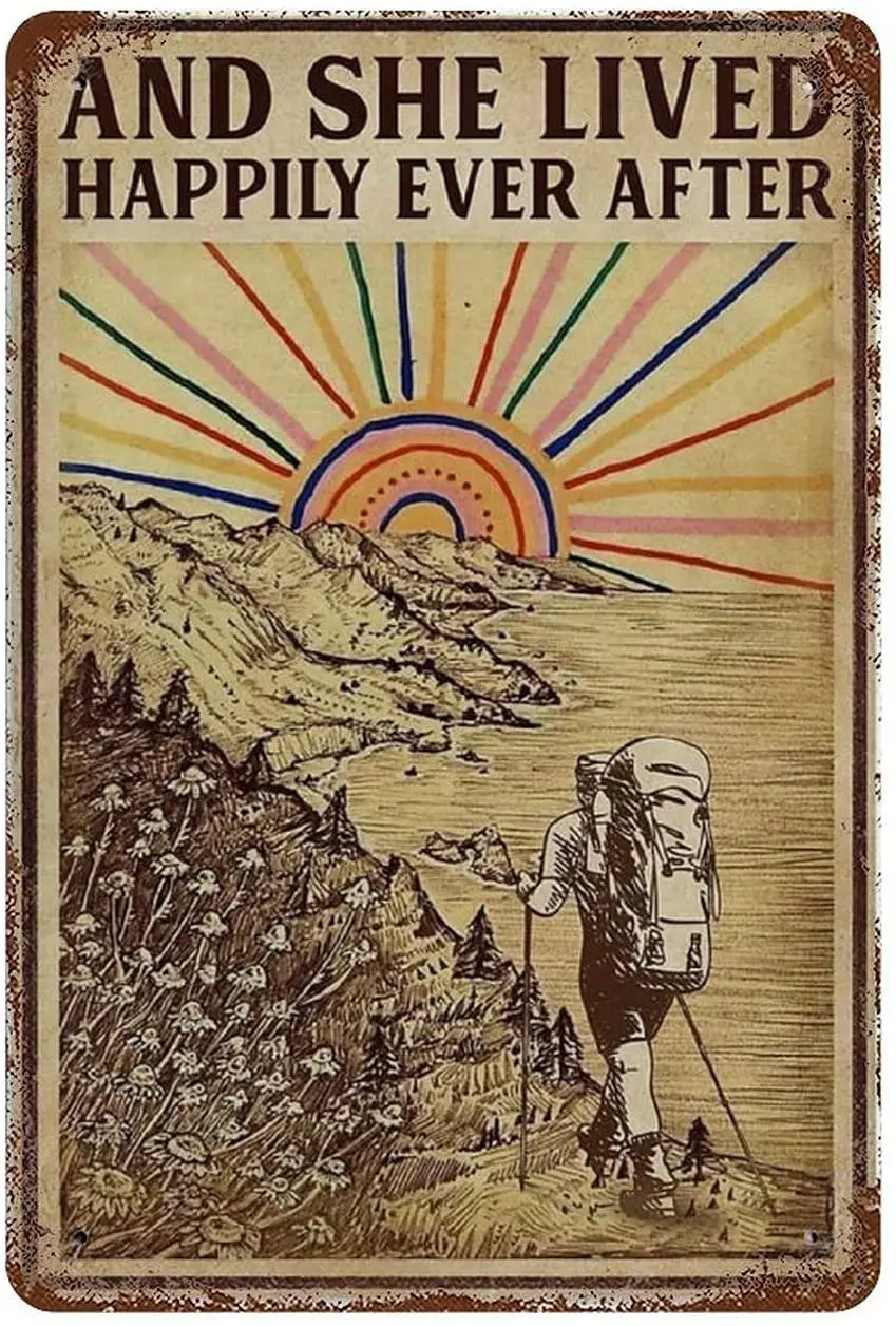 

JEFCY Hiking Vintage Tin Signs Home Bar Cafe Garage Colorful Sun She Lived Happily Wall Art Decor Retro Metal Plaque Gift