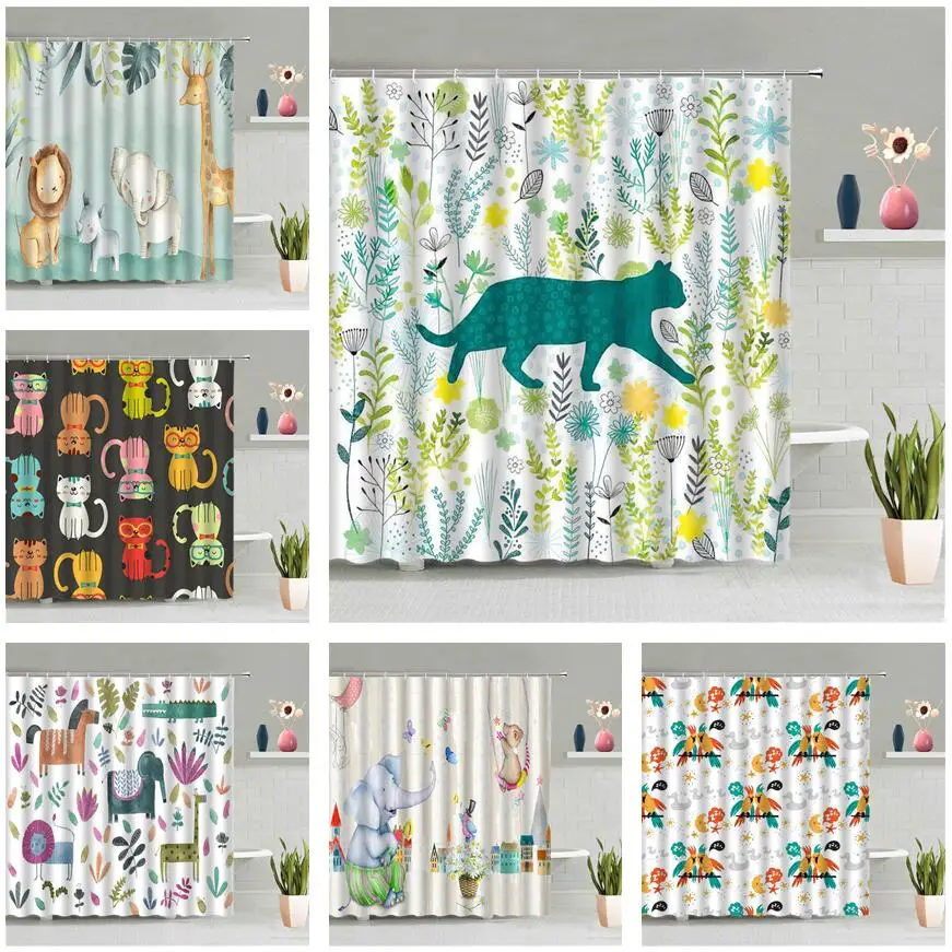 Занавеска для душа с изображением кота зеленых растений цветов жирафа слона льва