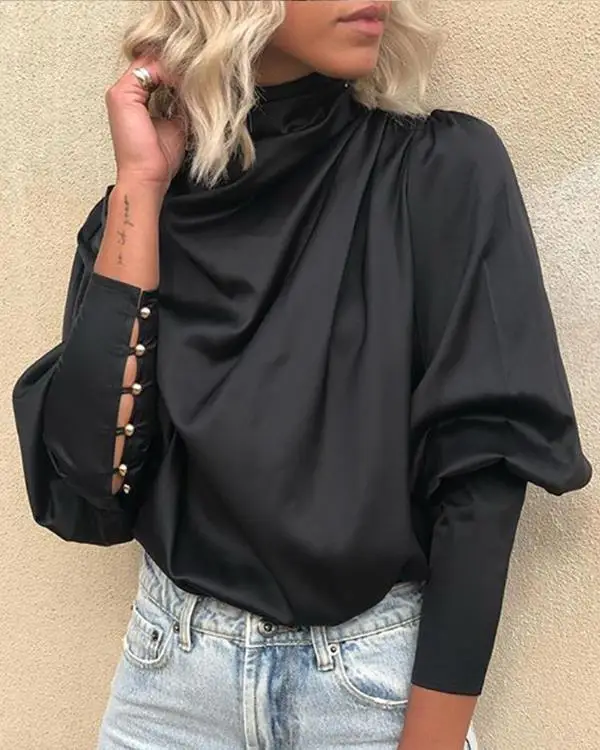 Black Lace-Up Cuff Drape Blouse Women Long Sleeve Solid Tops Workwear blusas mujer de moda 2019 |
