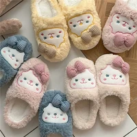 2021 winter women home cotton slippers soft plush slides warm cartoon hairy shoes house indoor cute bow knot christmas slippers