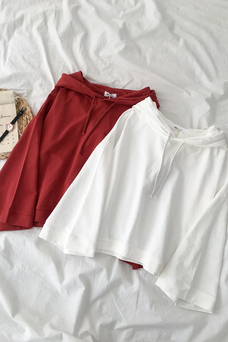 

2020 Spring Autumn Batwing Sleeve Hoodies Women Korean Chic Solid Color Drawstring Hooded Sweatshirt Student Casual Harajuku Top