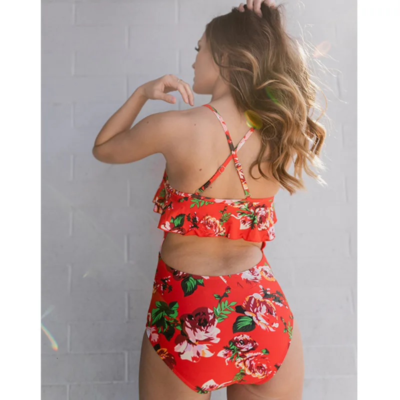 Сексуальный купальный костюм с цветочным принтом и рюшами закрытый большой