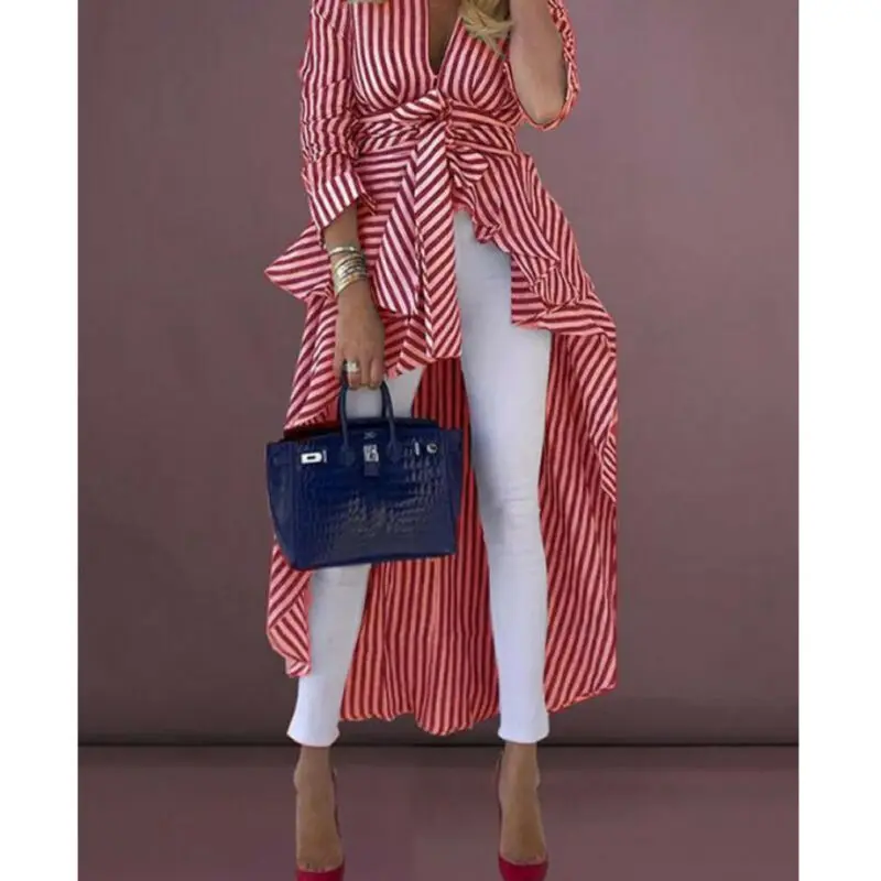 Женская рубашка в полоску с длинным рукавом и V-образным вырезом | одежда